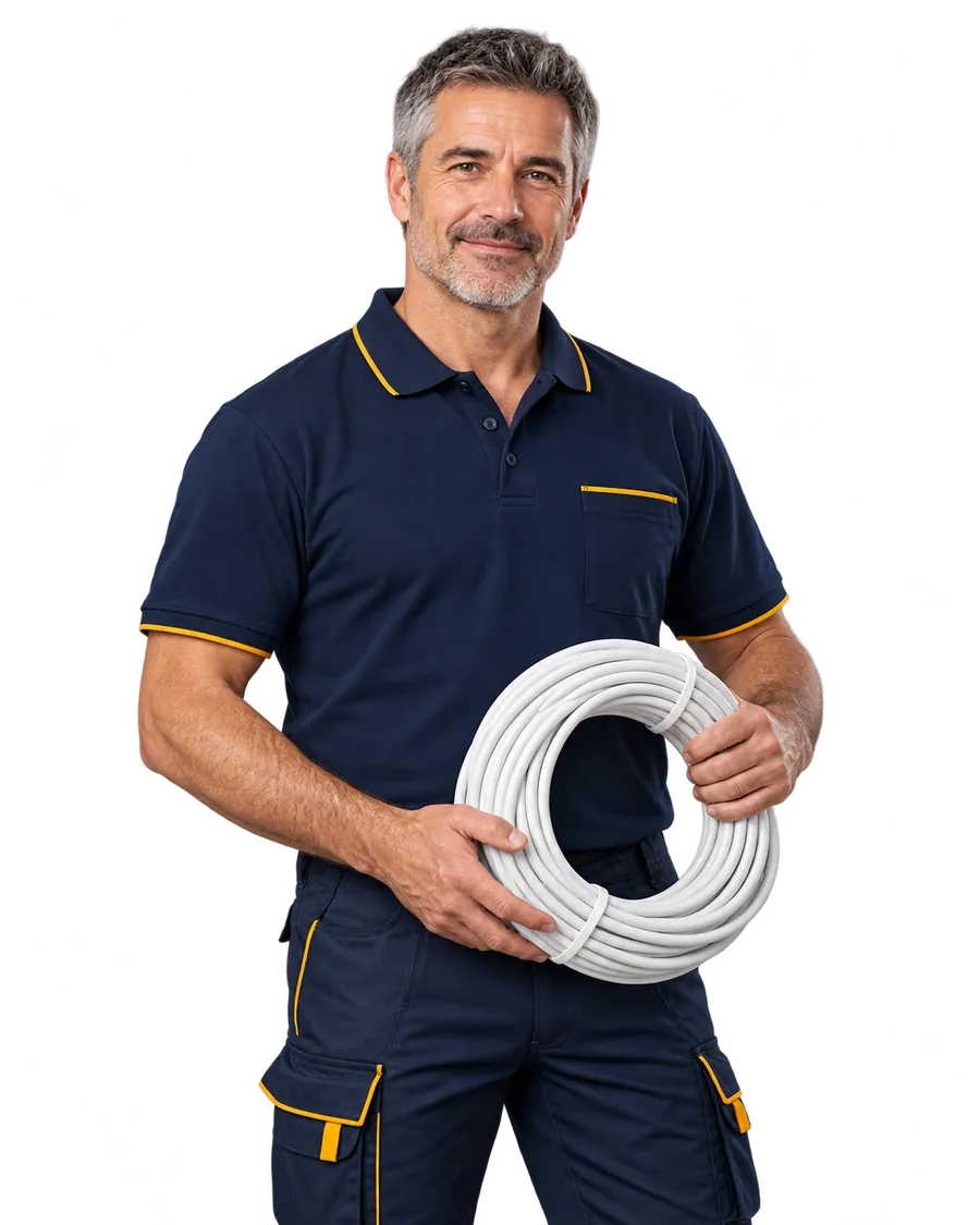 Eletricista da Líder com um rolo de cabo